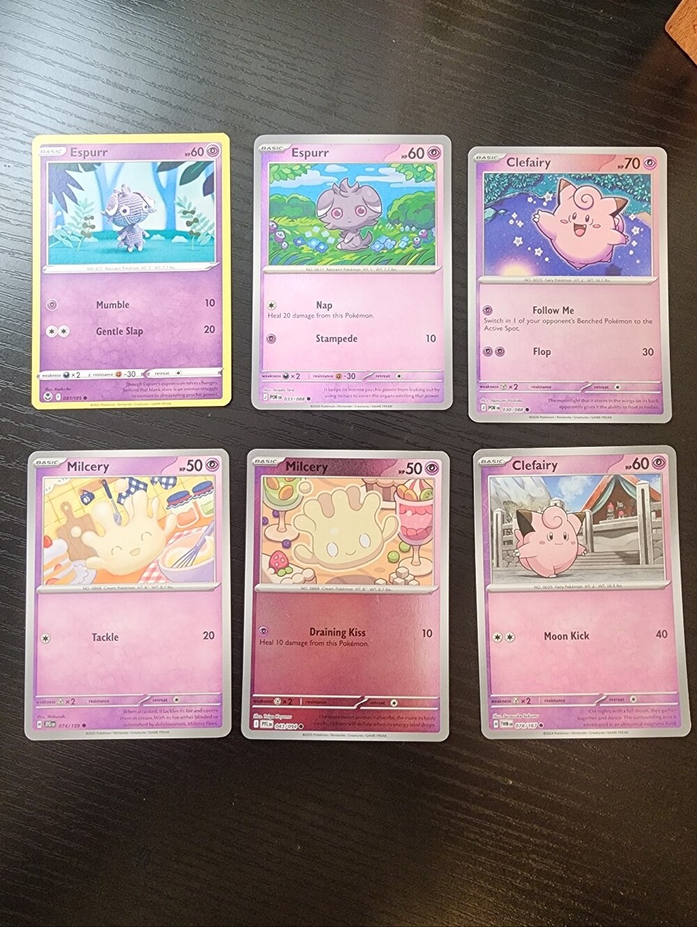 Cute Pink Psychic Type Card Lot (Espurr, Clefairy, Milcery)